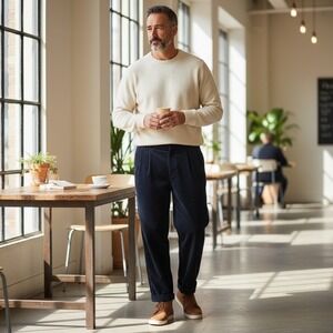 Navy Blue Corduroy Pleated Cuffed Pants 34x32 Cotton Rayon VDR U02 308‎